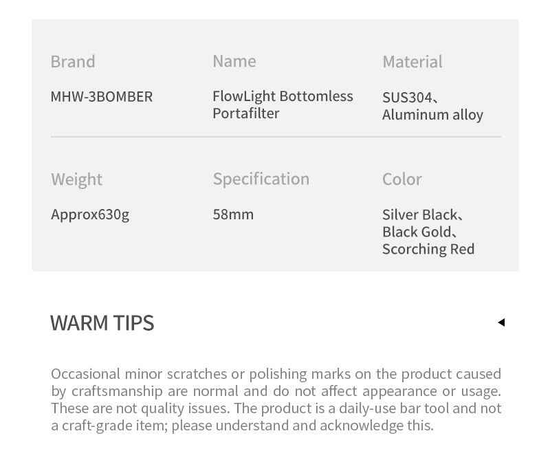 MHW-3Bomber FlowLight Collection Bottomless Portafilter 58mm