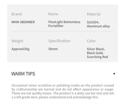 MHW-3Bomber FlowLight Collection Bottomless Portafilter 58mm
